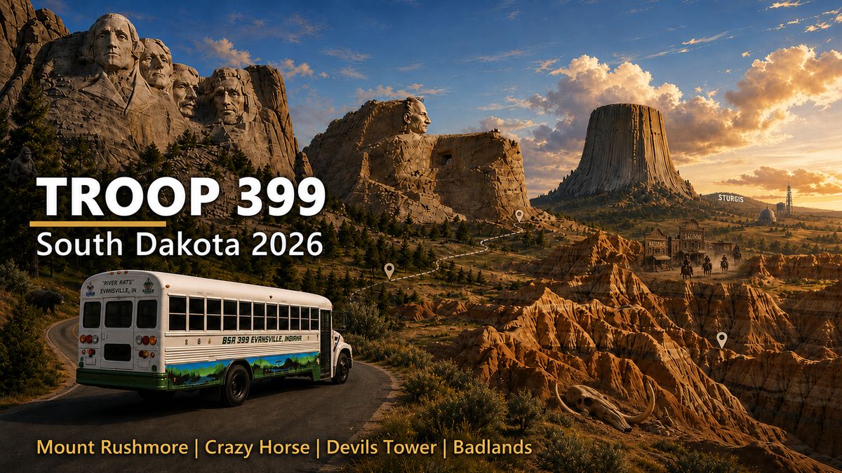 Troop 399 — South Dakota 2026: the troop bus on the road with Mount Rushmore, Crazy Horse, Devils Tower and the Badlands
